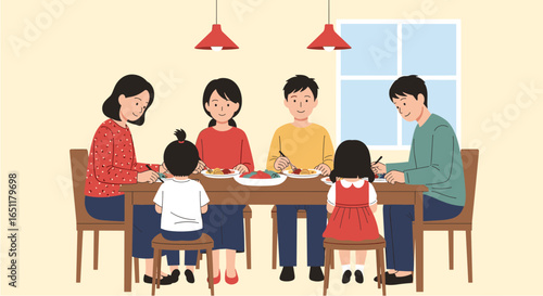 Asian family eating a meal together at home dining table