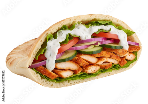 Delicious grilled chicken shawarma in pita bread with fresh vegetables and creamy sauce