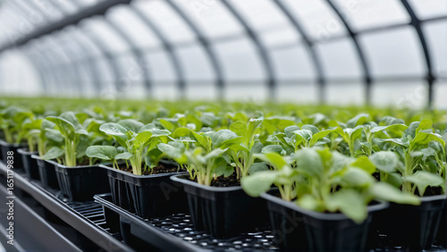 Greenhouse with vegetable seedlings in trays under sunlight