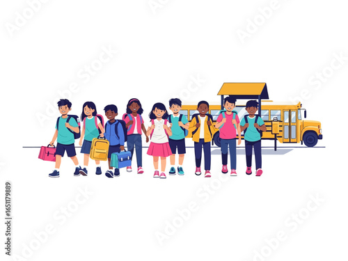 School Bus Excitement: A lively group of diverse students, each with backpacks, eagerly awaits their school bus, capturing the essence of youthful anticipation and the daily ritual of education.