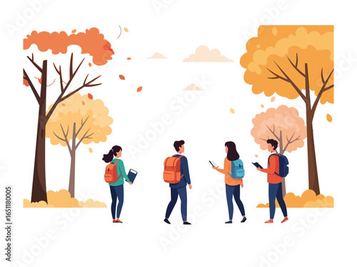 Autumn stroll of four travelers: An artistic scene of four individuals, each with their backpack, taking a leisurely walk amidst the colorful trees in the fall.