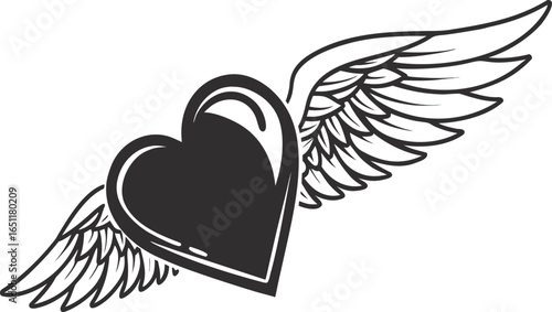 A bold black heart with detailed wings spread wide on either side against a white background design art