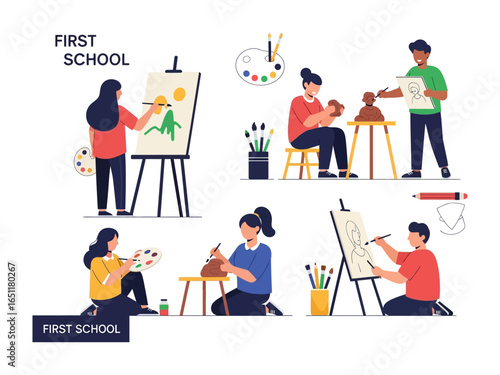 School Art Studio: A colorful illustration of a creative art studio environment, where students engage in painting and sculpting. Depicting artistic inspiration and education.