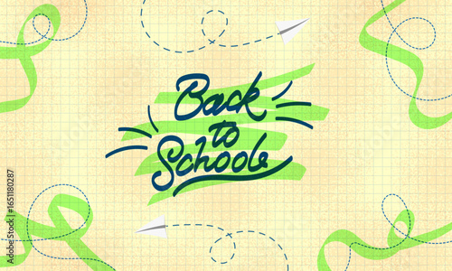 Back to school web banner. Vector creative poster with back to school lettering logo and paper planes. Checkered background of school notebook, education concept. Grainy modern doodle style background