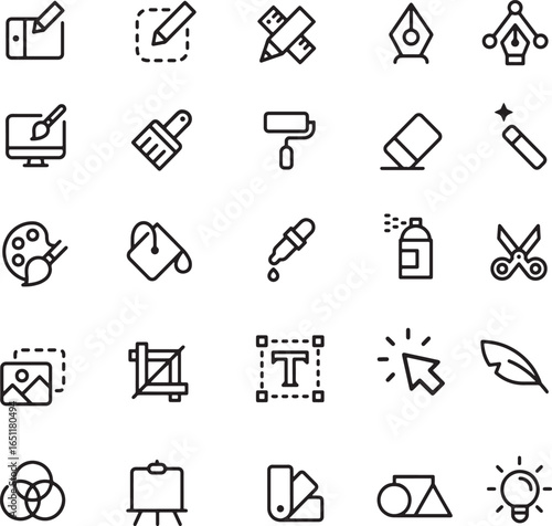 Thin line icon set for graphic designer interface ui edit draw sketch brushes pen tool text paintbrush scissors spray can color palette ruler. Pixel perfect icons, editable stroke.