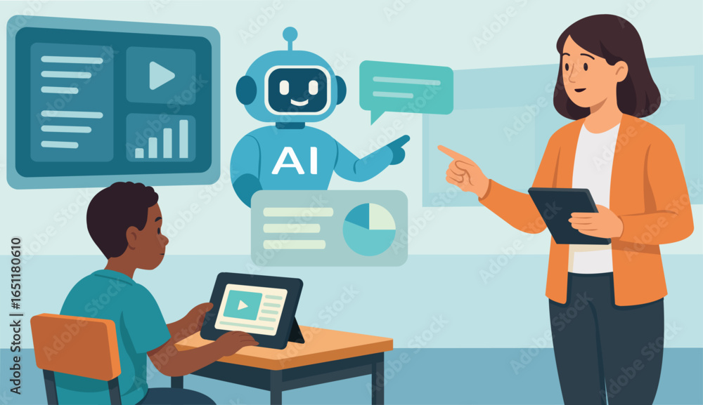 Artificial Intelligence Classroom with Chatbot Assistant, Teacher and Student Using Tablets Artificial Intelligence Classroom with Chatbot Assistant, Teacher and Student Using Tablets