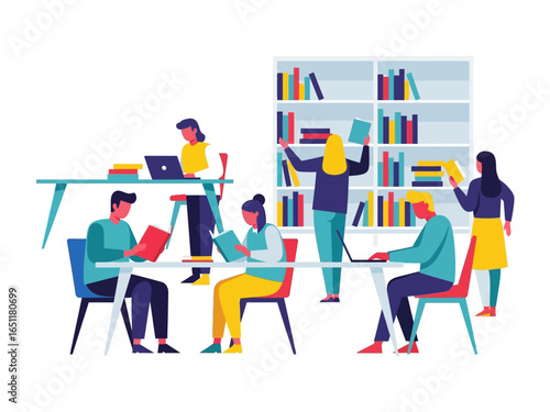Library Life: An illustrative scene captures a dynamic library environment, where individuals immerse themselves in reading, research, and study, surrounded by the comforting presence of books.