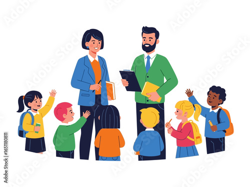 Teachers Guiding Young Minds: Illustrative depiction of two teachers interacting with a group of young children, symbolising mentorship, learning, and educational support.