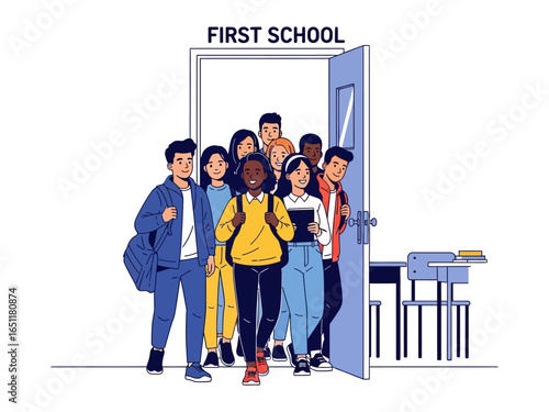 First School Entrance: A diverse group of excited students, stepping through the inviting doorway into the world of learning and discovery.
