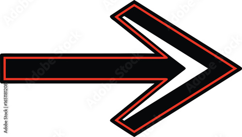A bold black arrow pointing to the right with a white outline on a white background direction indicator