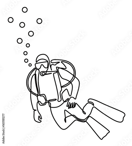 continuous line art of a man diving in the depths of the ocean with diving equipment isolated on a transparent background