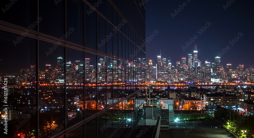Fototapeta premium Stunning nighttime cityscape panorama reflected on a contemporary glass high-rise, providing an exceptional backdrop for a modern architectural or graphic design.