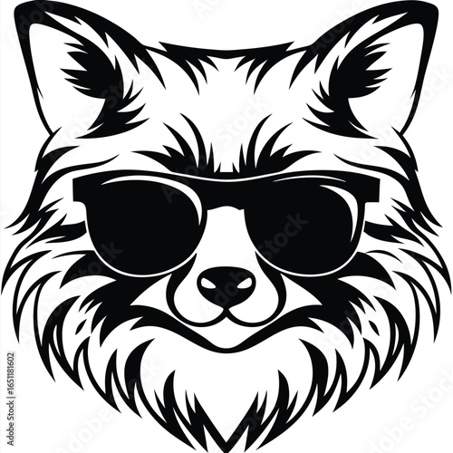Fox Face with Sunglasses in Black and White Silhouette on a White Background