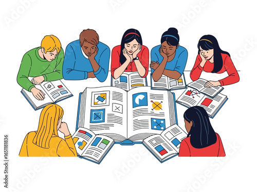Collaborative Learning: A circle of studious individuals intently engaged in studying a book, demonstrating the power of teamwork and intellectual pursuit. 