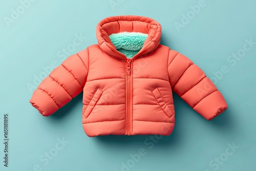Coral puffer jacket with mint lining, laid flat on a light teal background