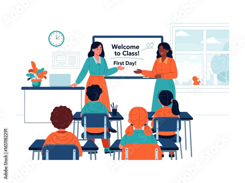 Classroom Welcome: Vibrant illustration captures two teachers, a diverse group of students, and inviting environment, fostering inspiration and excitement.