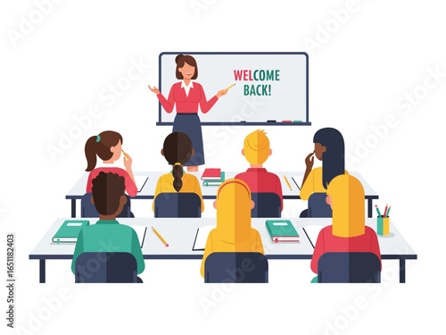 Welcoming Learning Environment: A dynamic classroom scene, filled with anticipation, where a teacher warmly welcomes her students back, initiating a new educational journey. 
