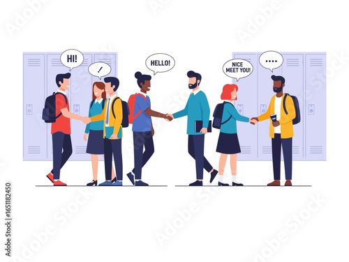 Greeting in Hallway: Animated diverse young individual meet and greeting in the hallway, each offering a handshake with greeting bubbles representing their communication.
