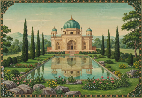 Traditional Mughal palace mural with garden, pond, flowers, and tropical trees, detailed vector illustration for vintage wall art decor
