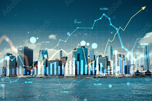 Fototapeta Naklejka Na Ścianę i Meble -  Modern city skyline with financial growth data overlay representing real estate market trends and property investment analytics concept.