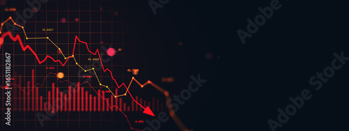 Falling red graph with declining stock market chart and arrow indicating financial crash on dark digital background with copy space. 3D Rendering