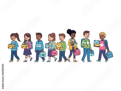School Journey: Group of diverse students embark on a scholastic adventure, each carrying their essentials with smiles and anticipation for the day's lessons, a bright symbol of educational pursuit.