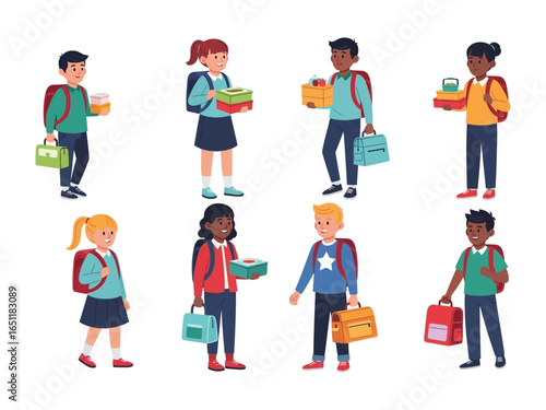 School Day Essentials: A vibrant illustration of diverse children, each holding their lunchbox, books and bags, get ready for a new school day. Illustrating a perfect day