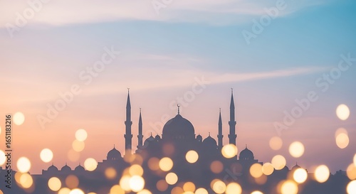 Silhouette of Mosque with Minarets at Sunset – Spiritual and Cultural Scene with Bokeh Lights