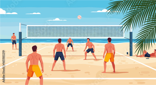 Group of men playing beach volleyball on a sunny sandy beach
