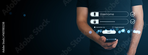 Man using smartphone with digital login form interface on dark background, symbolizing secure online access and user authentication screen.