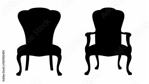 Two elegant chairs in silhouette showcasing classic design and ornate details against a white backdrop