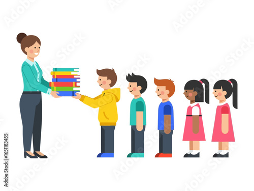 Sharing knowledge: A teacher hands out books to children lined up, teaching them the love for learning. The scene captures the essence of education, sharing knowledge and guiding future generations. 