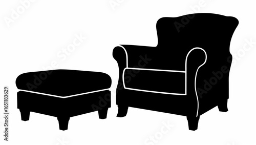 Silhouette illustration of a wingback chair with ottoman in black and white minimalist design style