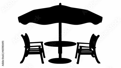 Silhouette of a patio set with a round table two chairs and an umbrella providing shade on a sunny day