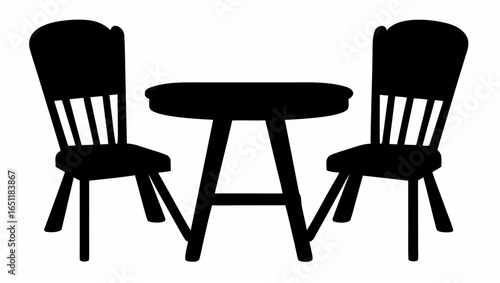 Silhouette illustration of a round table with two chairs placed on either side in a minimalist design