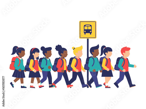 School Bus Stop: A diverse group of schoolchildren with backpacks stroll to a school bus stop. Capturing the anticipation of learning and the joy of education.