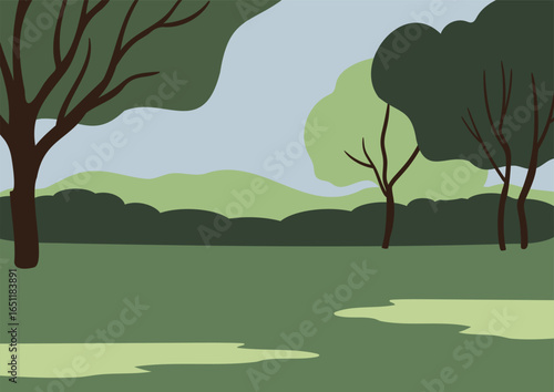 Illustration of green landscape with row of stylized trees, bushes, hills in the background under clear blue sky. Wide grassy area in the foreground. Flat vector style nature, urban park background.