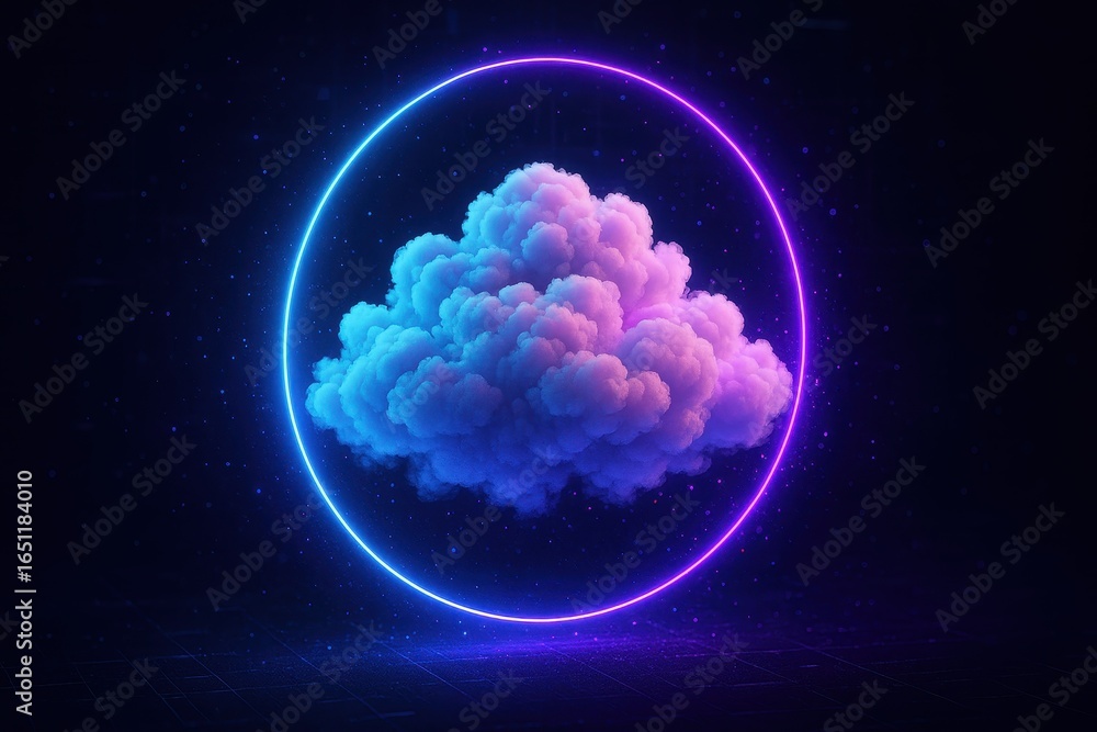 Fototapeta premium Futuristic 3D cloud formation illuminated by holographic neon ring in cyberpunk night sky, abstract digital art for technology and gaming themes