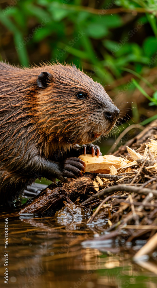 North american beaver chewing wood near water, a symbol of national wildlife day in the usa and environmental conservation.