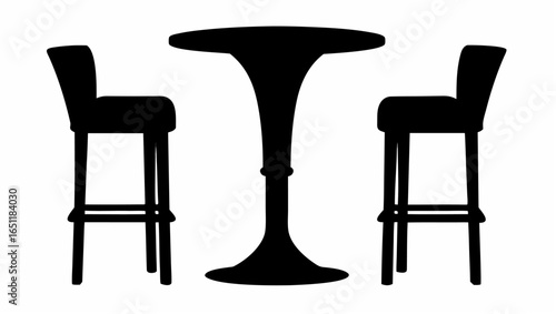 Silhouette illustration of a tall round table with two bar stools on each side in a simple black and white design