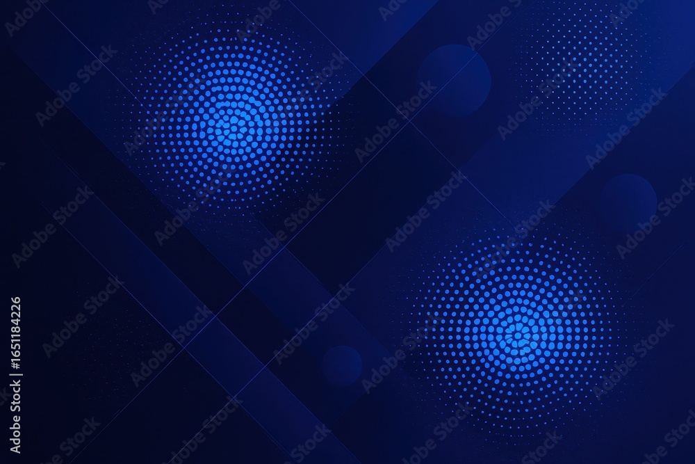 Obraz premium Futuristic abstract composition with electric blue halftone circles and geometric patterns for technology and innovation presentations