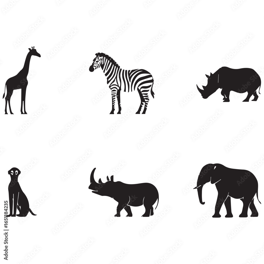 Naklejka premium Collection of african wildlife silhouettes including a giraffe zebra and rhinos
