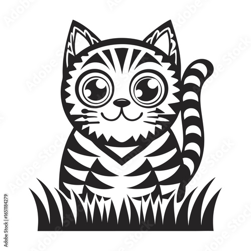 Whimsical Cat Cartoon Sitting with Tail Up in Monochromatic Style