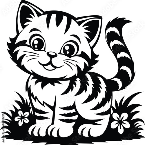 Cute Striped Kitten Sitting in Grass On White Background