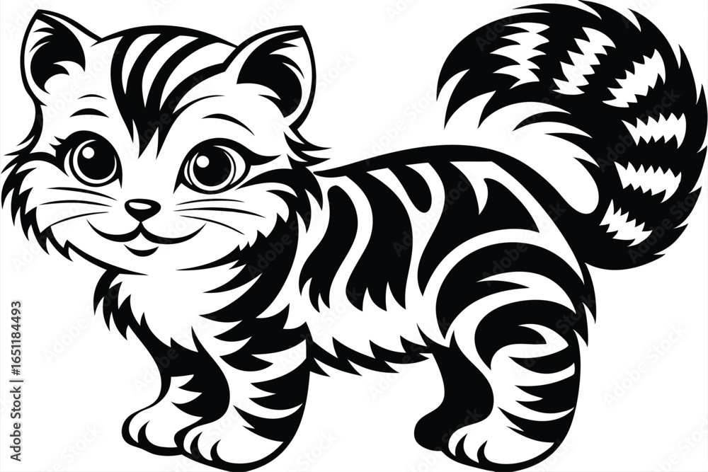 Obraz premium Stripped Cartoon Kitten with Big Eyes and a Fluffy Tail on White Background