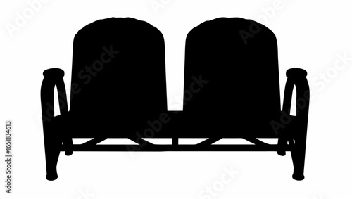 Silhouette depiction of a two seater chair featuring rounded backrests and curved armrests in solid black