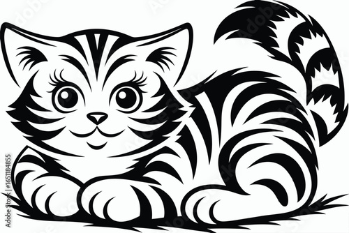 Playful Striped Cartoon Cat Lying Down with Cute Eyes on a White Background