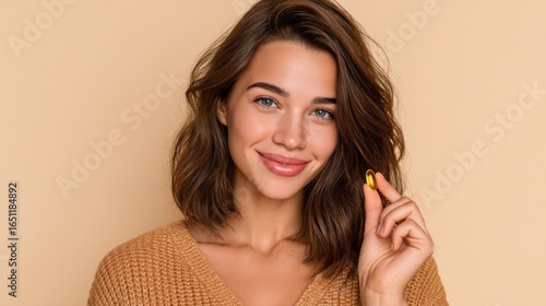 A young woman with wavy brown hair and bright eyes smiles while holding a golden capsule. She wears a cozy brown sweater and stands against a plain backdrop, radiating positivity