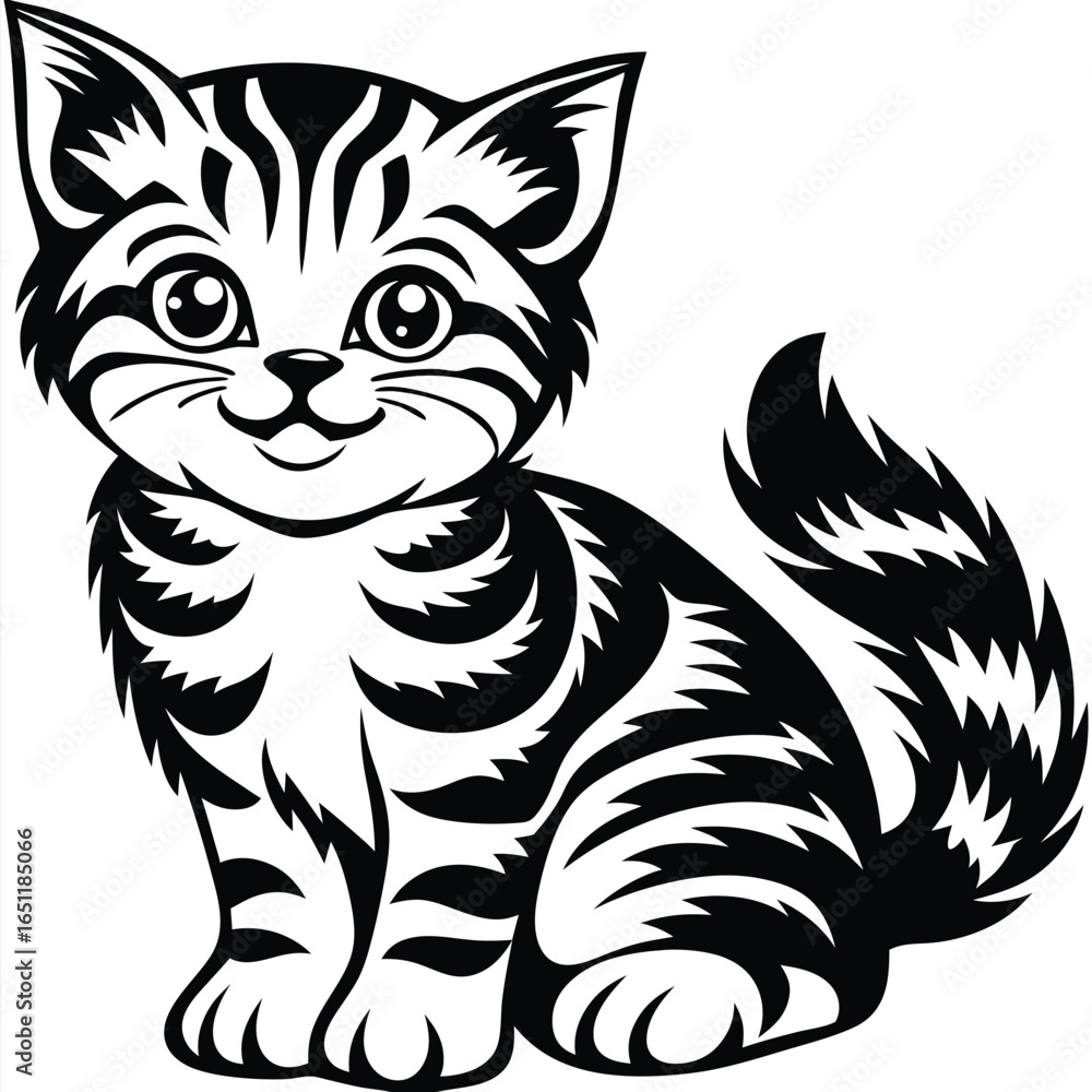 Fototapeta premium Whimsical Striped Cartoon Cat Sitting, Black And White Mascot, Simple Design, Cute