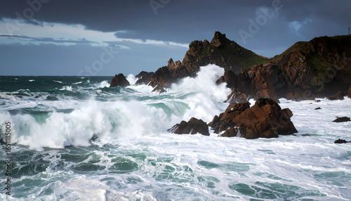 Powerful waves crashing on rocky shore